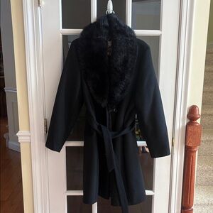 Nine West Black wool blend Coat with Faux Fur removable Collar